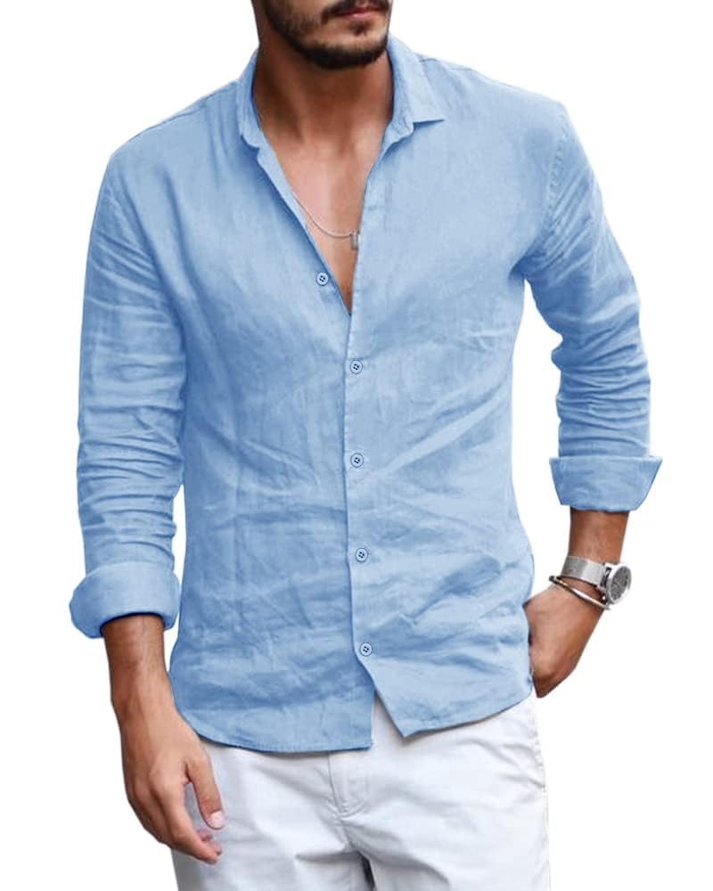 Runcati Mens Button Down Shirt Linen Cotton Shirts Casual Long Sleeve Spread Collar Lightweight Beach Plain Tops 01 Sky Blue - Image 1